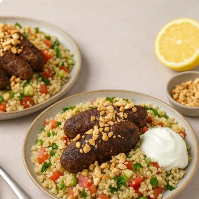 Vegane Möhrena-Kofta auf Bulgur-Salat mit Dattelessig-Dressing