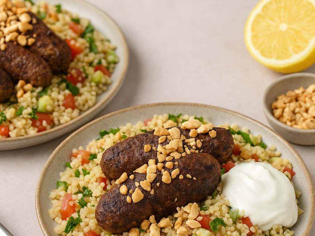 Vegane Möhrena-Kofta auf Bulgur-Salat mit Dattelessig-Dressing