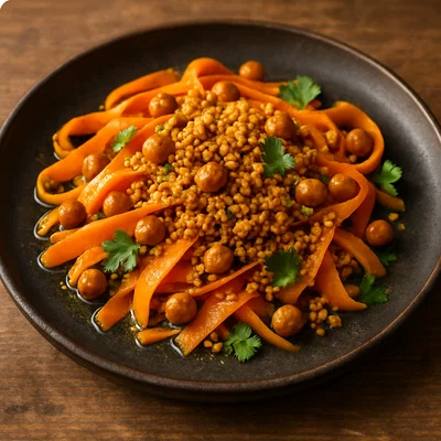 Warmer Möhrensalat mit Kichererbsen-Cashew-Vinaigrette & Bulgur-Crunch