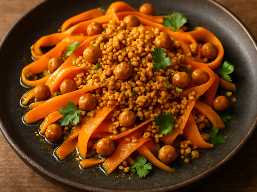 Warmer Möhrensalat mit Kichererbsen-Cashew-Vinaigrette & Bulgur-Crunch