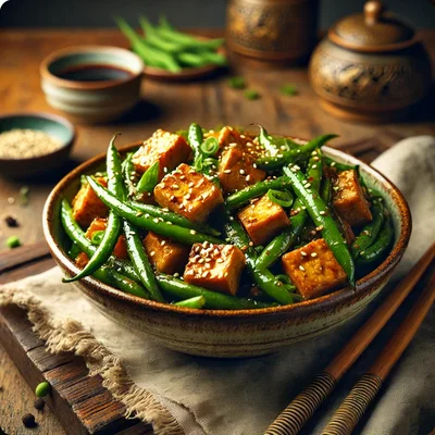 Grüne Bohnen mit Tofu & Sesam