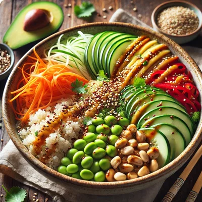 Bowl mit Quinoa und Erdnussdressing