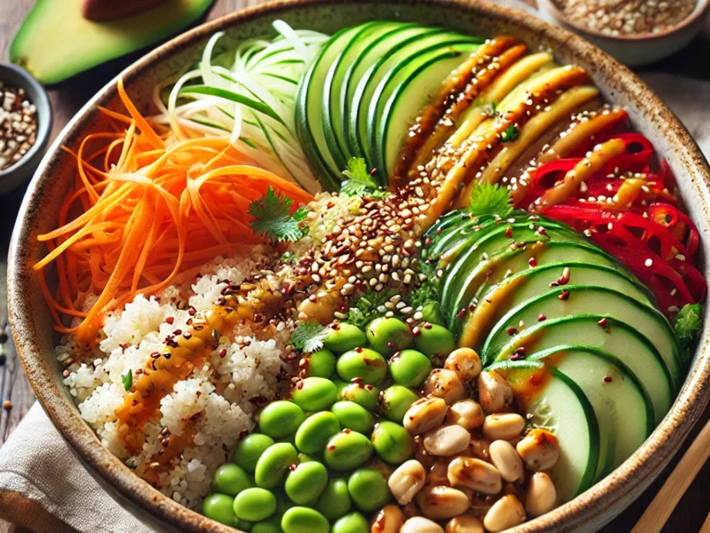 Bowl mit Quinoa und Erdnussdressing