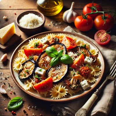 Vollkornnudeln mit Auberginen und Ricotta