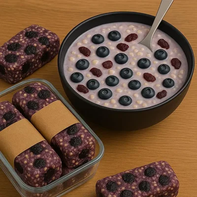 Cremige Bircher-Bowl und Quinoa-Riegel mit Heidelbeeren