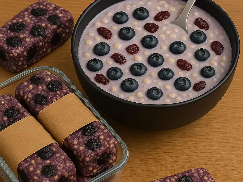 Cremige Bircher-Bowl und Quinoa-Riegel mit Heidelbeeren