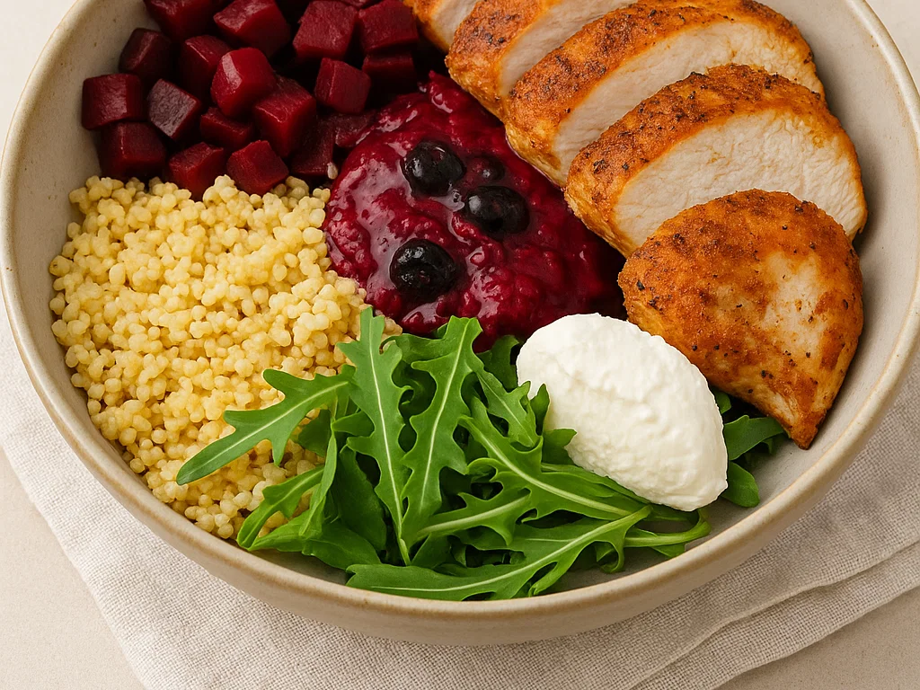 Sommer Bowl mit Hirse, Rote Bete und Ziegenfrischkäse