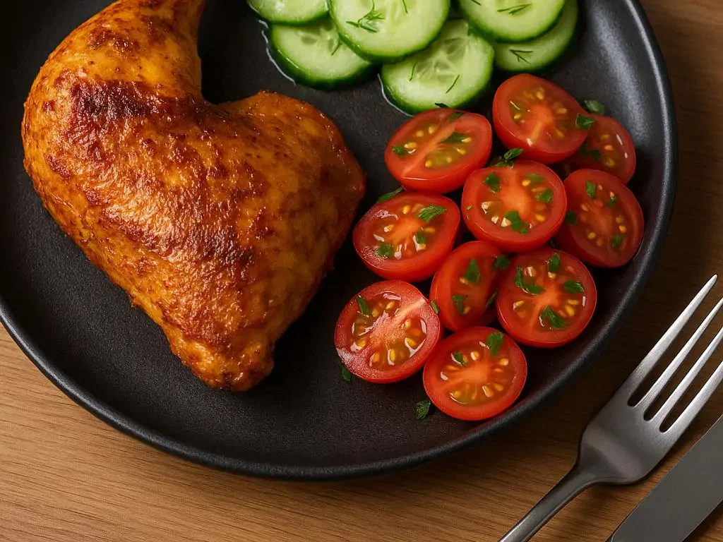 Hähnchenkick aus dem Airfryer mit Gurken- & Tomatensalat