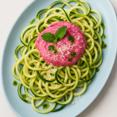 Zoodles mit pinker Cashew-Bete-Creme & Minzöl