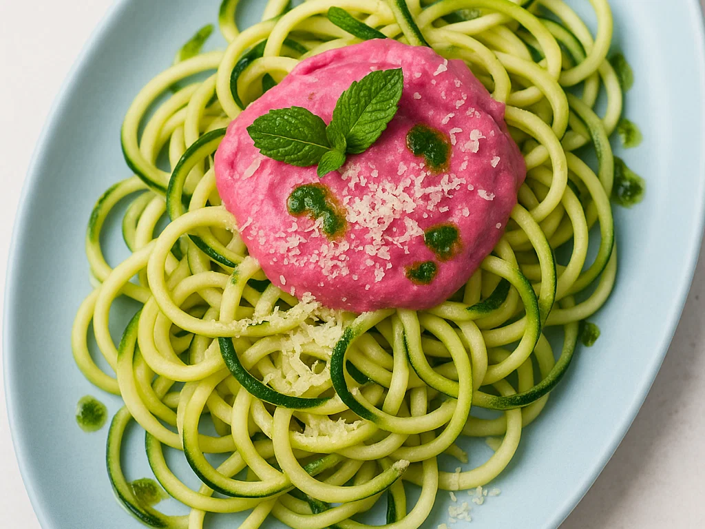 Zoodles mit pinker Cashew-Bete-Creme & Minzöl