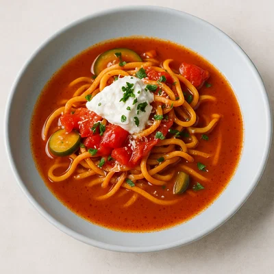 Scharfe Soljanka-Style Suppe mit Geflügelwurst-Nudeln & Schmandhaube