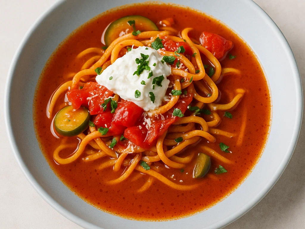 Scharfe Soljanka-Style Suppe mit Geflügelwurst-Nudeln & Schmandhaube