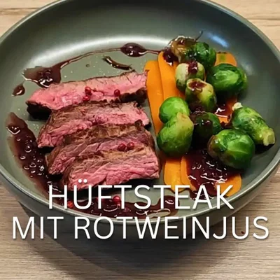 Bio-Hüftsteak mit gezuckerten Karotten, Rosenkohl und Rotweinjus