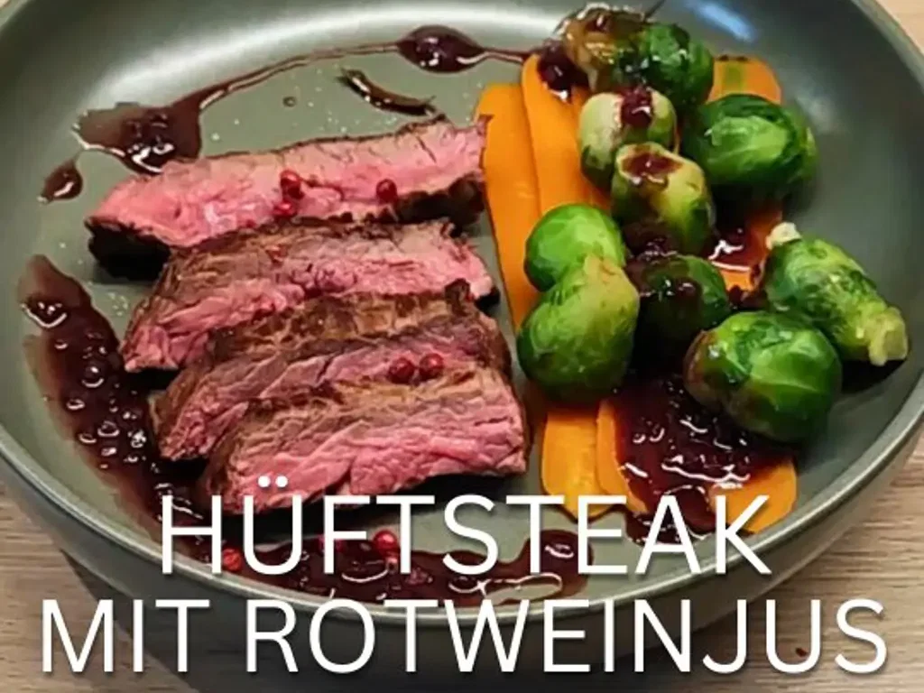 Bio-Hüftsteak mit gezuckerten Karotten, Rosenkohl und Rotweinjus