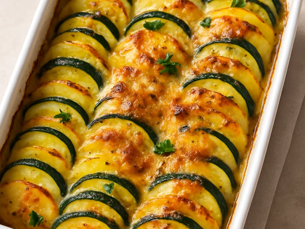 Vegetarischer Zucchini-Kartoffelgratin mit Käsekruste