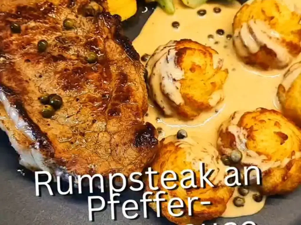 Rumpsteak mit Cognac-Sauce und grünen Pfefferkörnern
