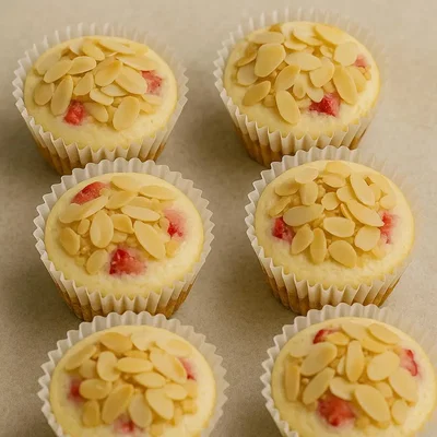 Vegane Erdbeer-Käsekuchen-Muffins mit Vanille & Mandelcrunch