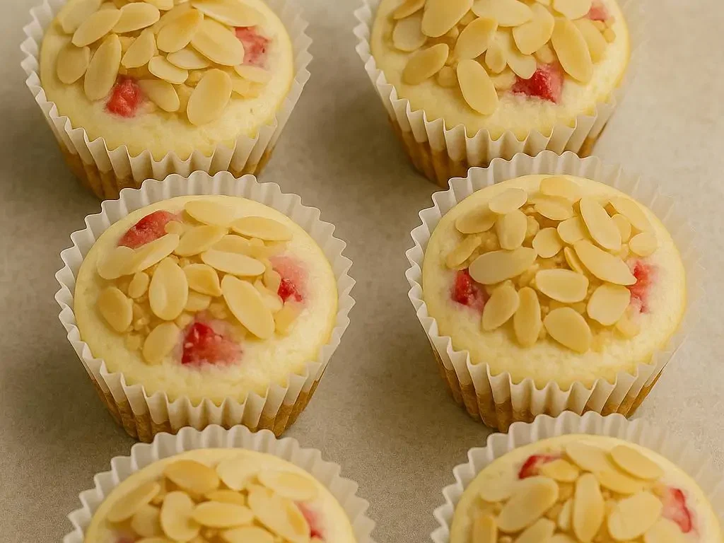 Vegane Erdbeer-Käsekuchen-Muffins mit Vanille & Mandelcrunch