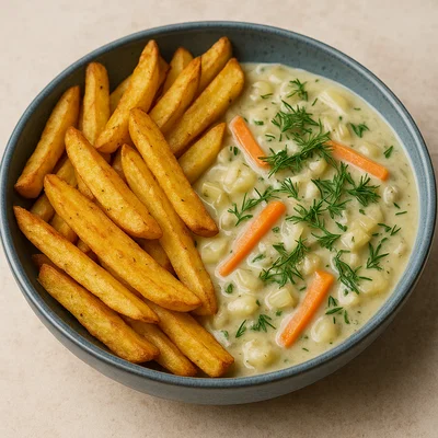 Belgische Pommes mit veganer Moules-Sauce