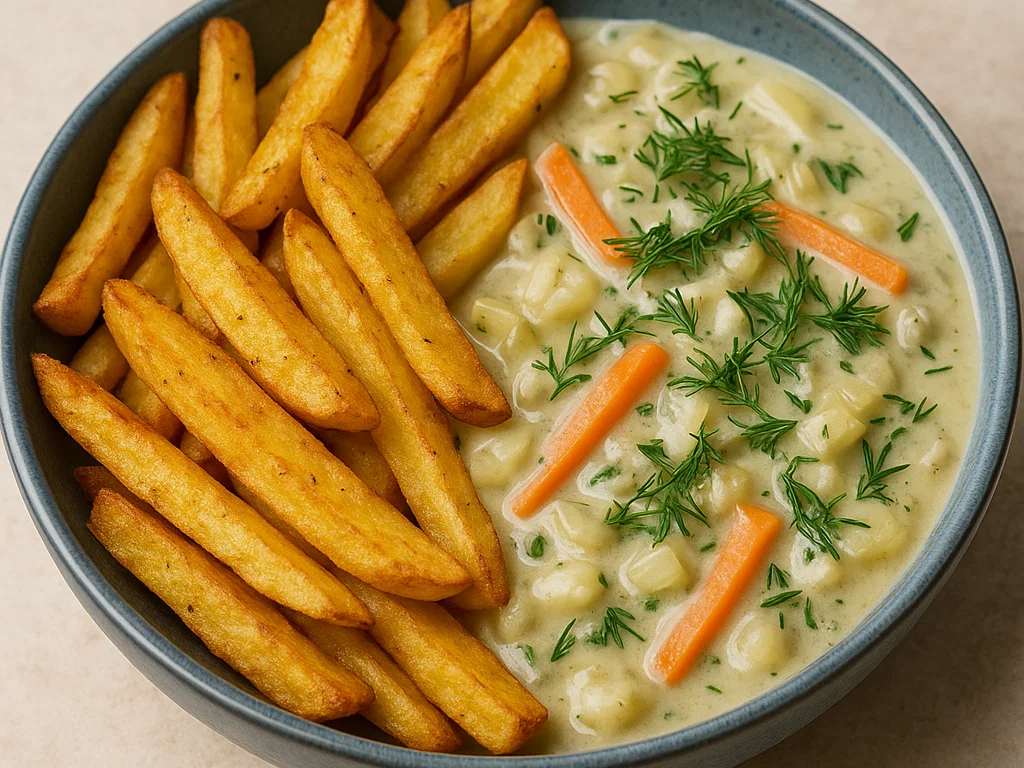 Belgische Pommes mit veganer Moules-Sauce