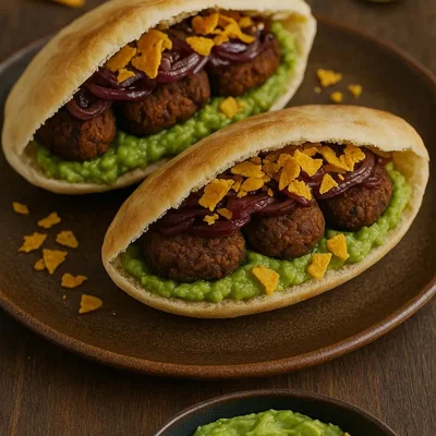 Vegane Köfte im Fladenbrot mit Guacamole & Nacho-Crunch