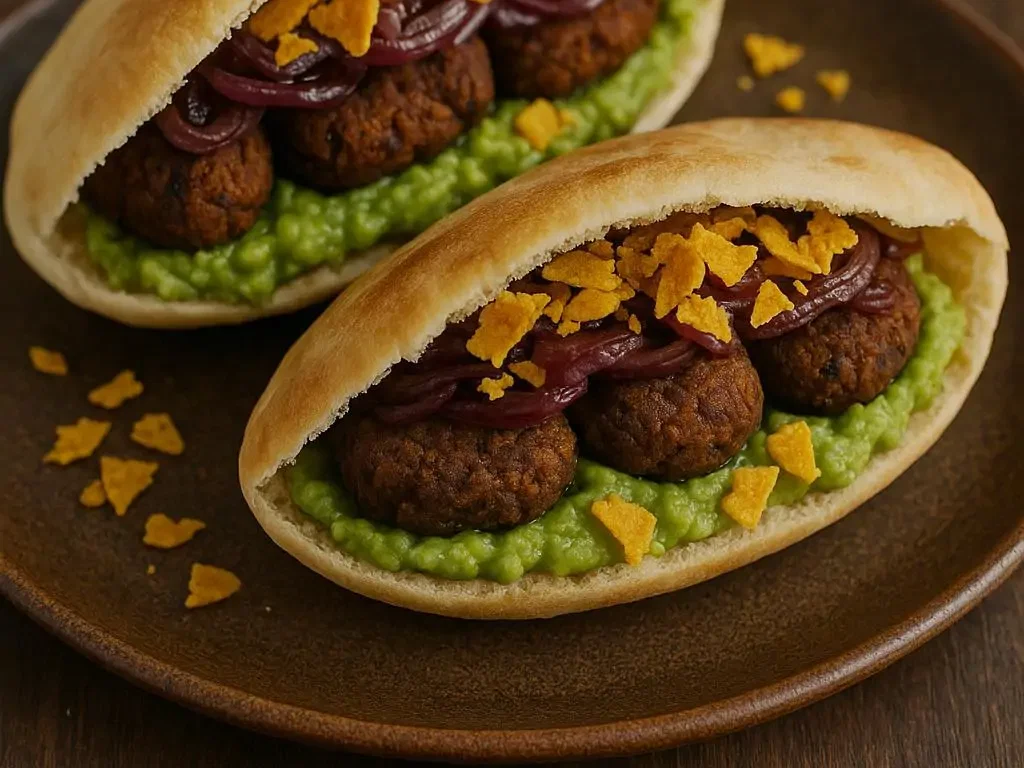 Vegane Köfte im Fladenbrot mit Guacamole & Nacho-Crunch
