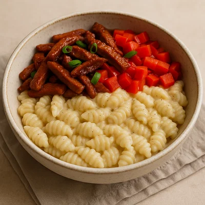 Vegane Pasta-Bowl mit BBQ-Filet & Paprika