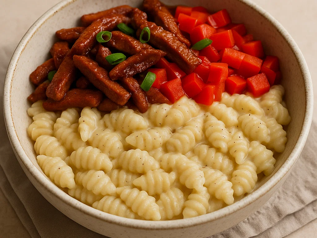 Vegane Pasta-Bowl mit BBQ-Filet & Paprika