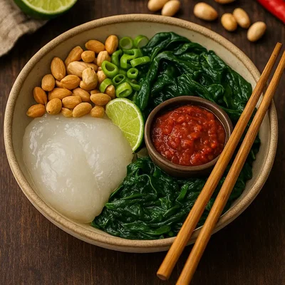 Ambuyat-Bowl mit Tapioka, Spinat & Sambal-Dip