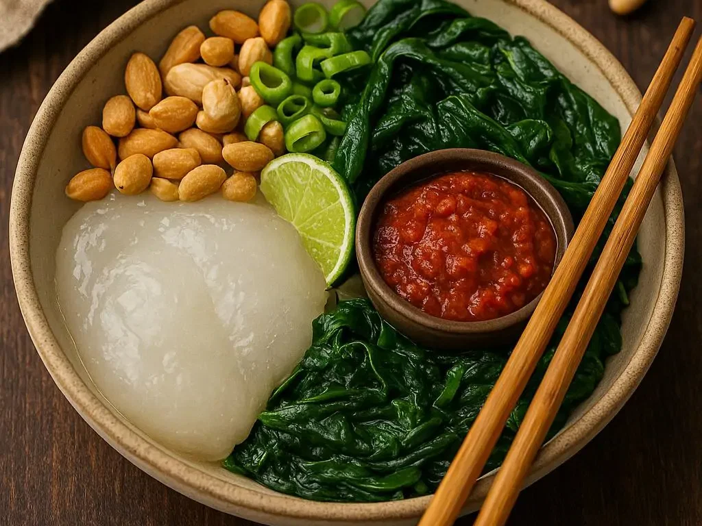 Ambuyat-Bowl mit Tapioka, Spinat & Sambal-Dip
