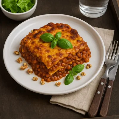 Schüttel-Lasagne mit roten Linsen und Crunch