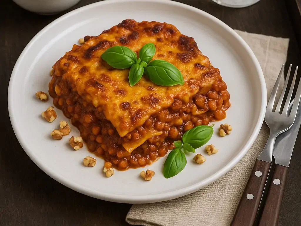 Schüttel-Lasagne mit roten Linsen und Crunch