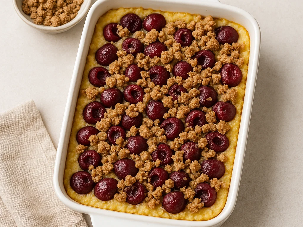 Süßer Dinkel-Grießauflauf mit Kirschen & Zimtstreuseln