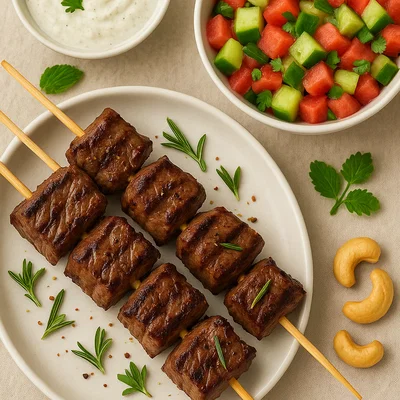 Steakspieße mit Melonen-Gurken-Salsa & Skyr-Käse-Dip