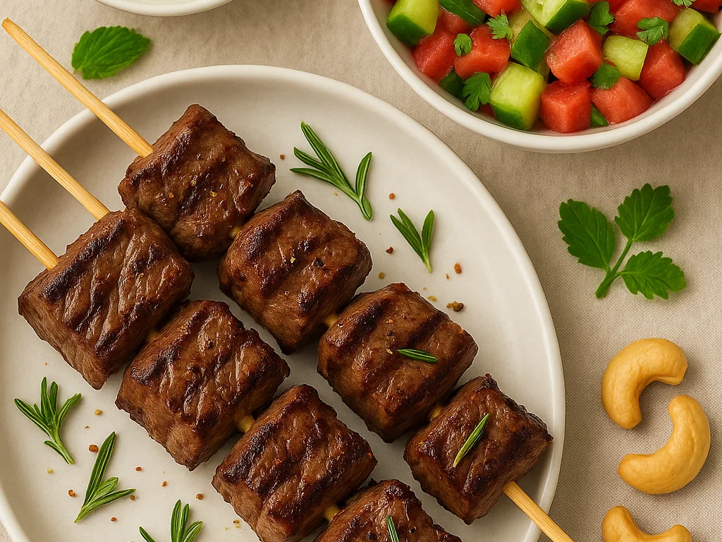 Steakspieße mit Melonen-Gurken-Salsa & Skyr-Käse-Dip