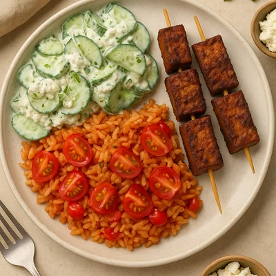 Vegane Tofu-Gyros-Sticks mit Tomatenreis & Gurken-Feta-Salat