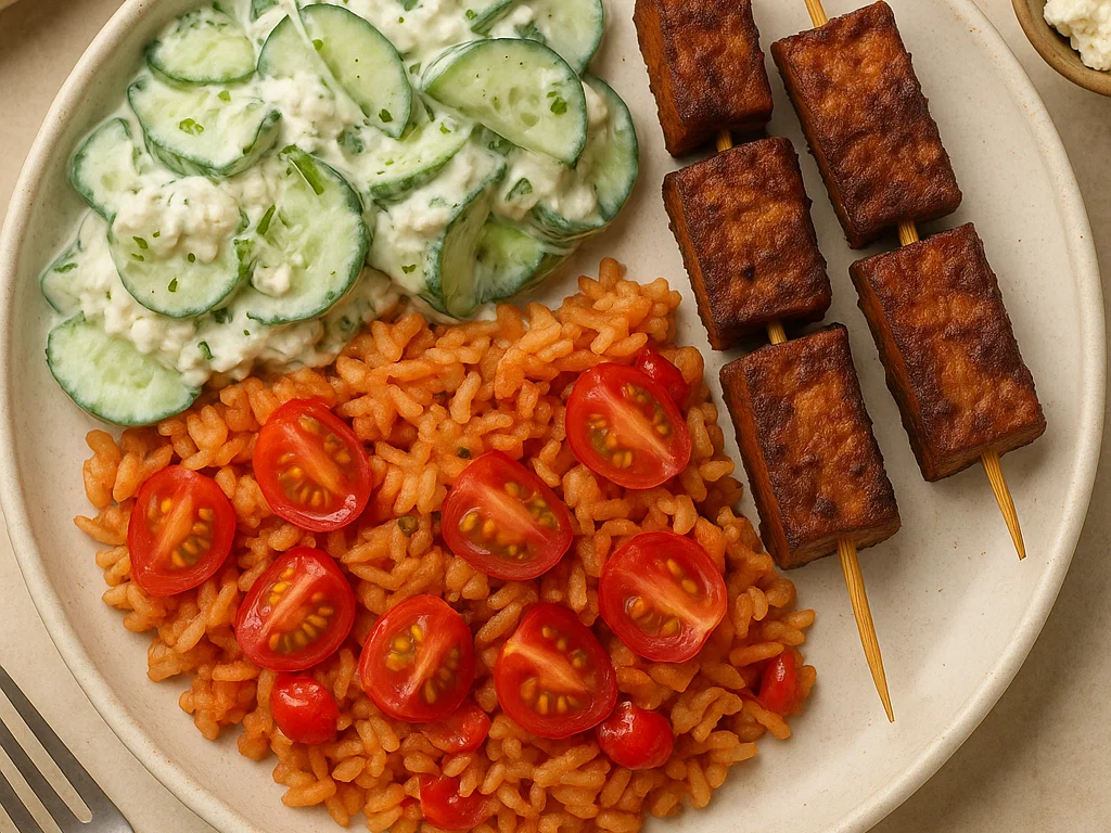 Vegane Tofu-Gyros-Sticks mit Tomatenreis & Gurken-Feta-Salat