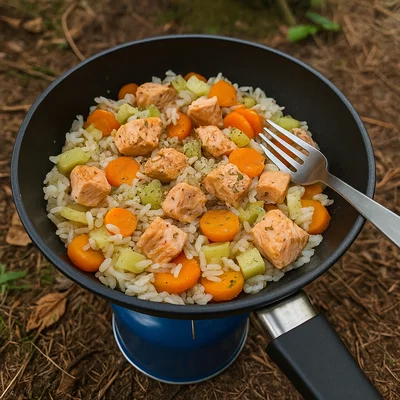Lachs-Reis-Gemüsepfanne vom Campingkocher