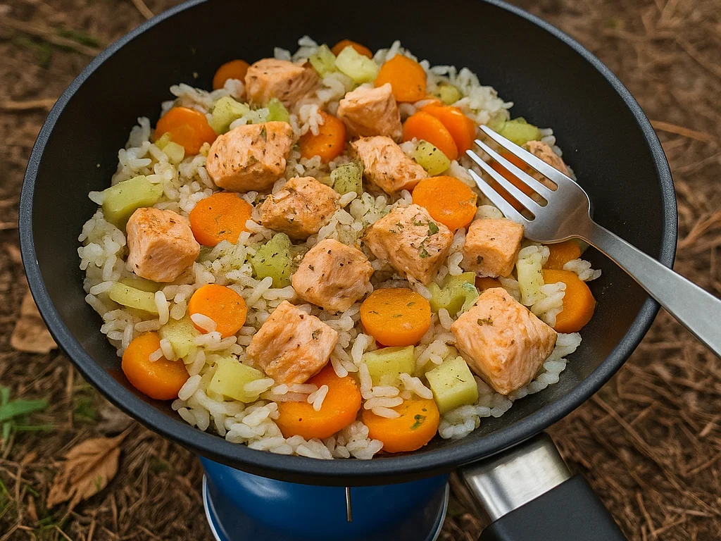 Lachs-Reis-Gemüsepfanne vom Campingkocher