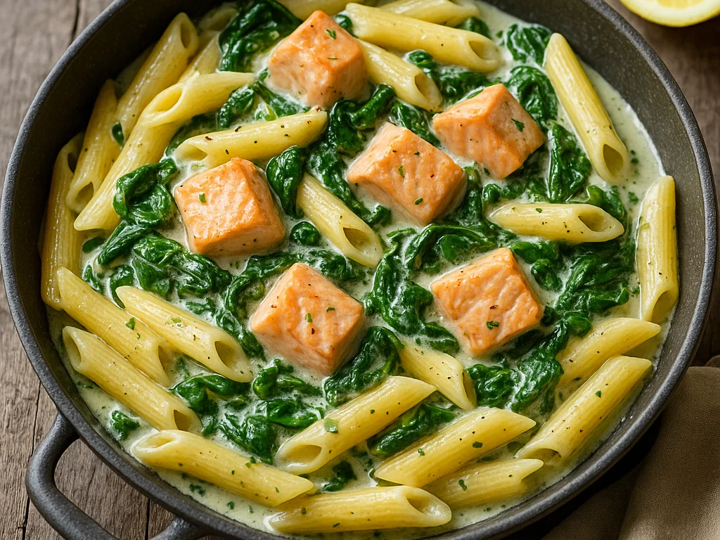 Pasta mit Lachs & Spinat in cremiger Soße