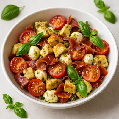 Mediterraner Pesto-Salat mit Hähnchen & knusprigem Schinken