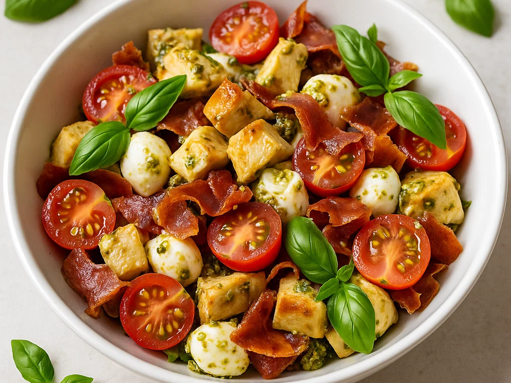 Mediterraner Pesto-Salat mit Hähnchen & knusprigem Schinken
