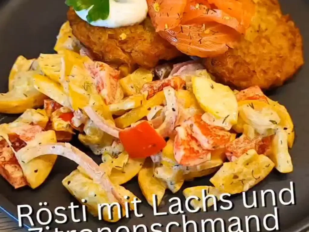 Rösti mit geräuchertem Lachs und Gemüsepfanne