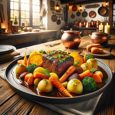 Geschmorte Rindfleisch-Orangen-Pfanne mit Wurzelgemüse