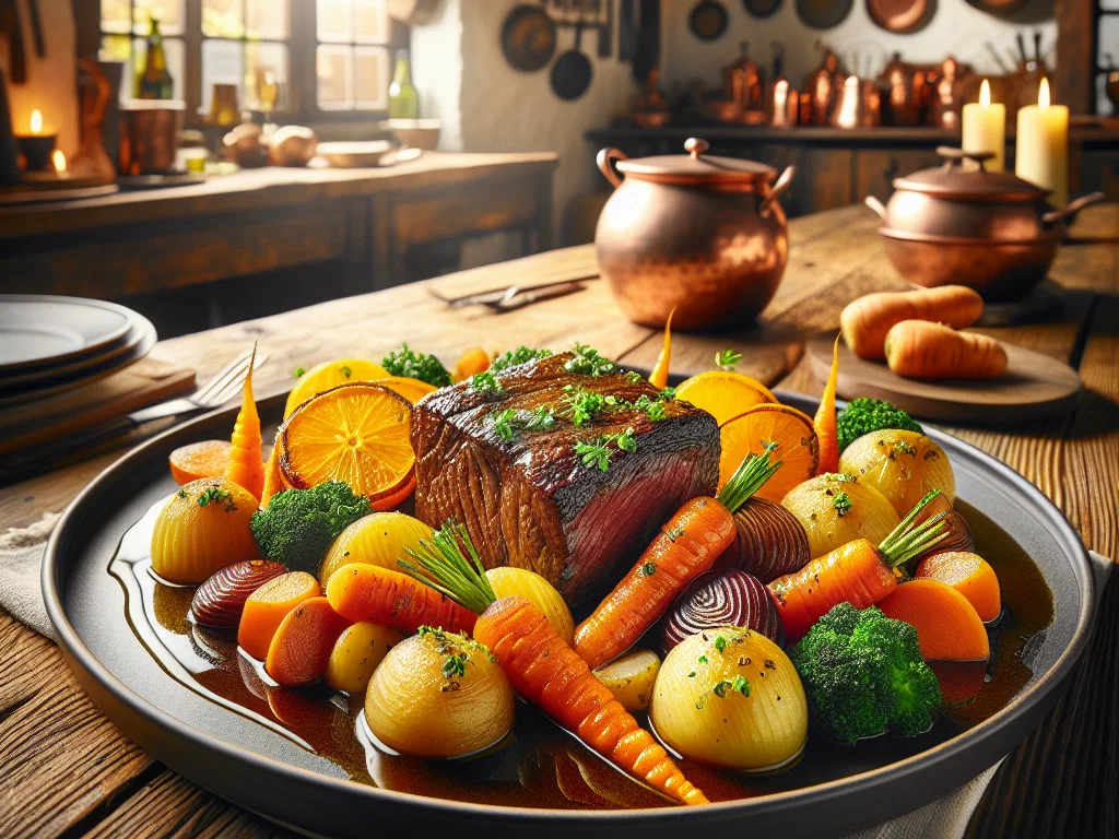 Geschmorte Rindfleisch-Orangen-Pfanne mit Wurzelgemüse