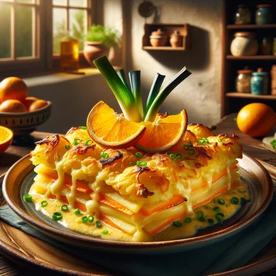 Orangen-Kartoffelgratin mit Lauch und knuspriger Käsekruste