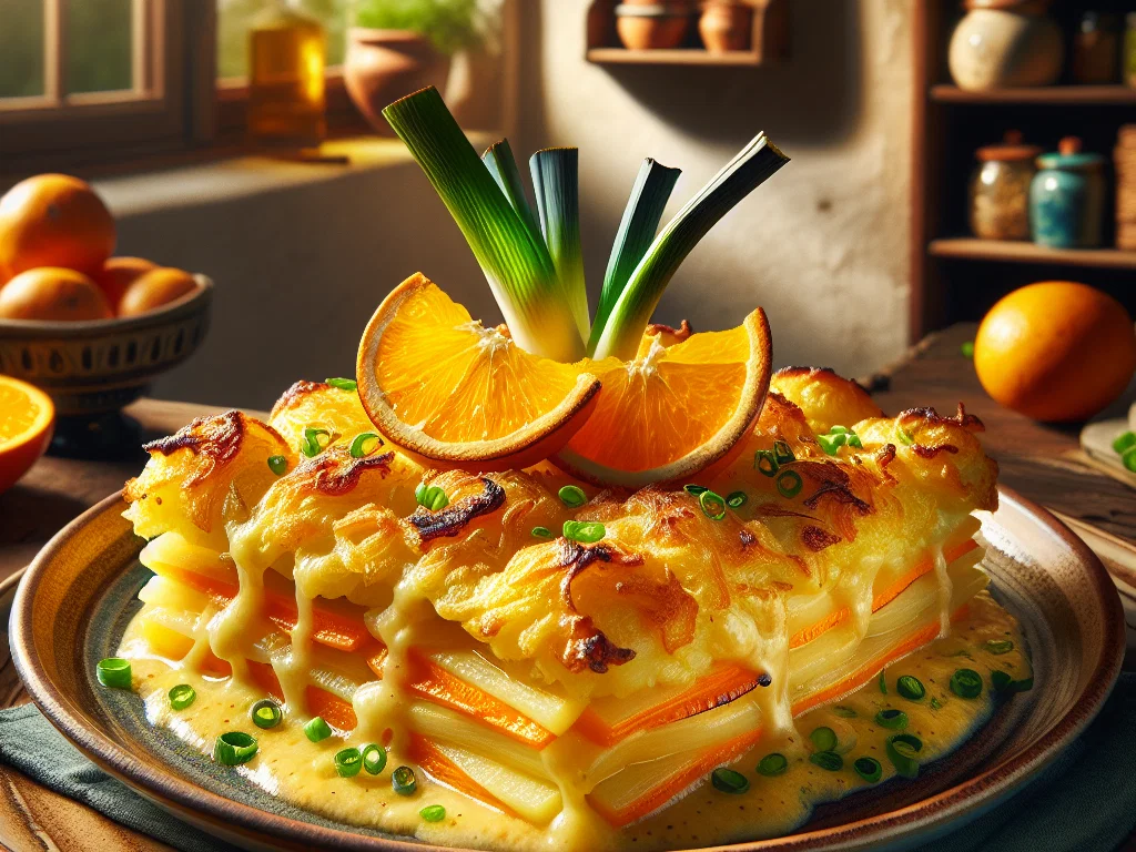 Orangen-Kartoffelgratin mit Lauch und knuspriger Käsekruste