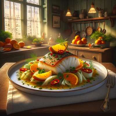Orangen-Chili-Kabeljau auf Fenchelbett