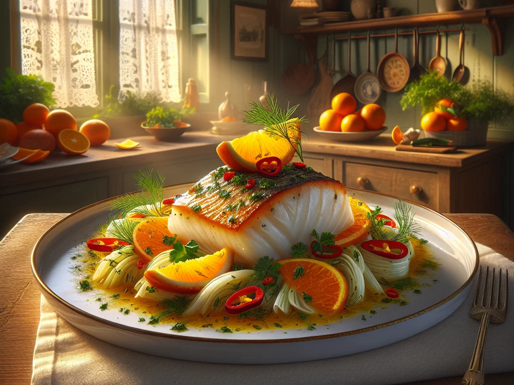 Orangen-Chili-Kabeljau auf Fenchelbett