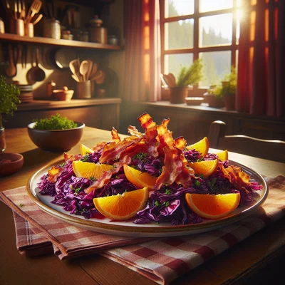 Orangen-Rotkohl-Salat mit knusprigen Speckchips